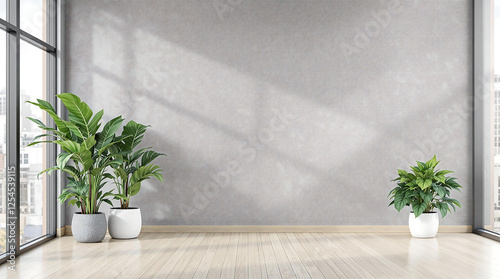 Empty room, gray walls, large windows, potted plants, wood flooring. Versatile for real estate staging, backgrounds. Represents space, and new beginnings, sunlight. indoor plants

