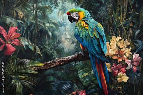 A colorful parrot perched on a branch in a tropical jungle photo