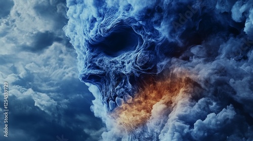 A terrifying skull emerges from swirling, dark blue and orange smoke, creating a dramatic and eerie scene.