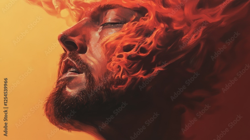 Fiery portrait of a man with a beard, eyes closed, engulfed in flames. Intense warm colors dominate. Fiery portrait of a man with a beard, eyes closed, engulfed in flames. Intense warm colors dominate.