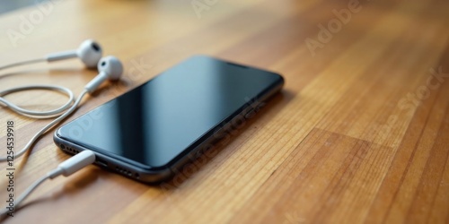 A sleek mobile device rests on a polished wooden surface, accompanied by a pair of wired earphones, suggesting a moment of quiet digital listening.