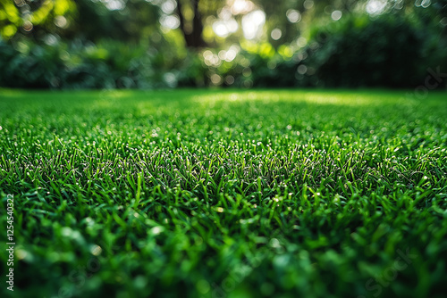 A dense, healthy turf grass lawn in a backyard, perfect for outdoor activities and providing a lush green carpet for relaxation.