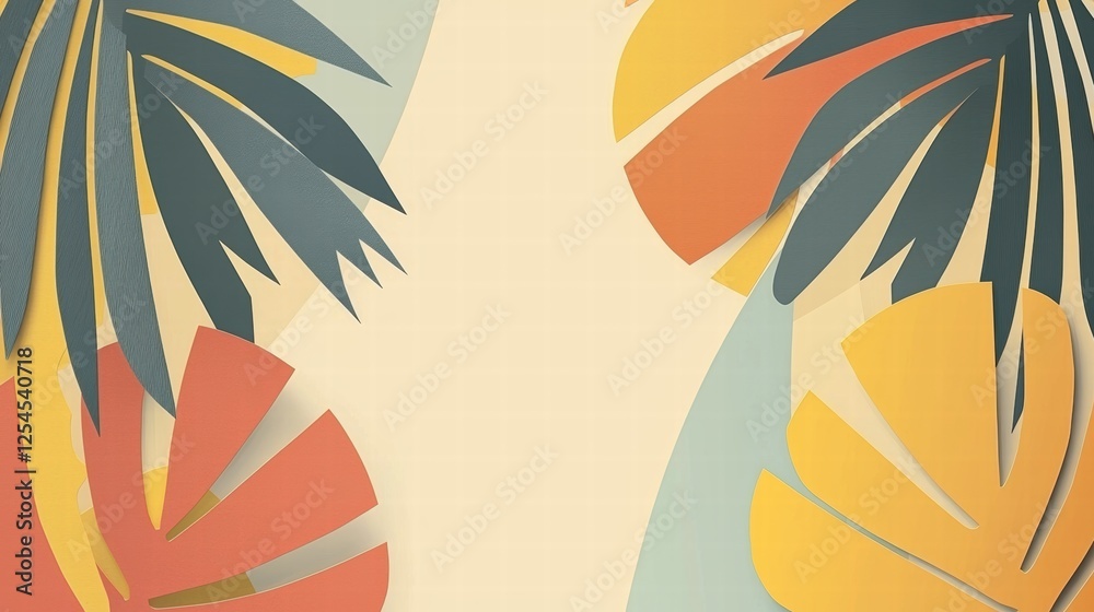 Naklejka premium Vibrant Tropical Leaves Background with Colorful Paper Cuts in Green, Orange, and Yellow for Stylish Designs and Creative Projects