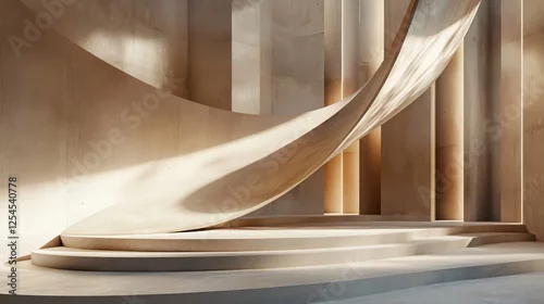 Fototapeta samoprzylepna Elegant architectural design with curved wall and stairs bathed in soft sunlight and shadows