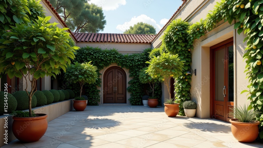Fototapeta premium Mediterranean-style rooftop garden with arched walkways, potted plants, and vines 