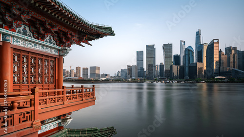Canvas Print Contrast of Traditional Architecture and Modern Skyline in Urban Landscape