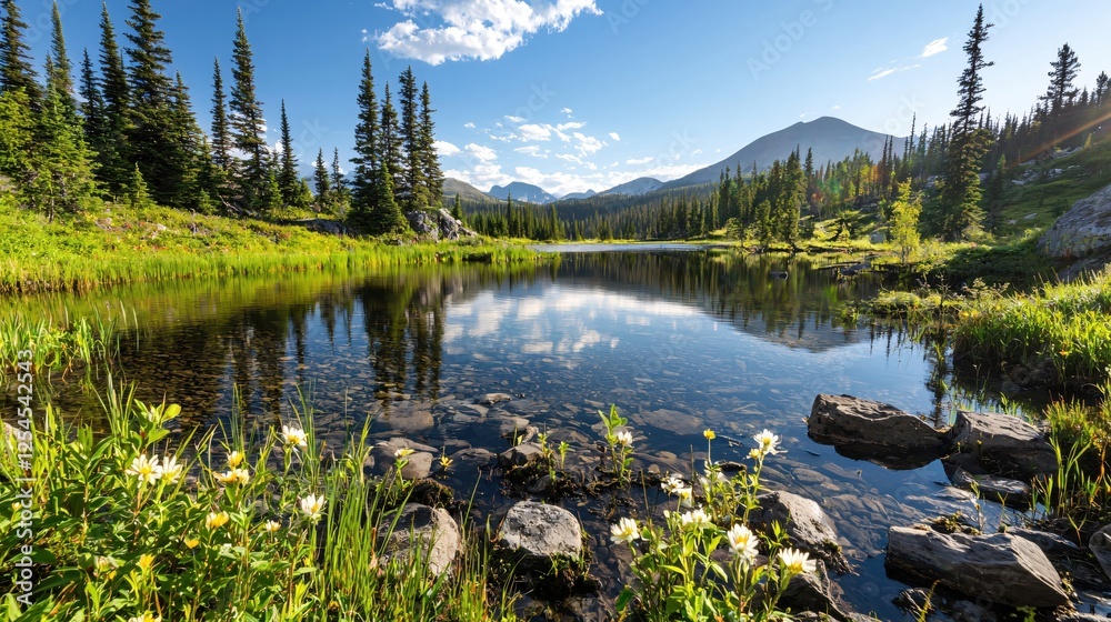 Serene mountain lake reflecting blue sky and clouds surrounded by green forest and wildflowers Serene mountain lake reflecting blue sky and clouds surrounded by green forest and wildflowers
