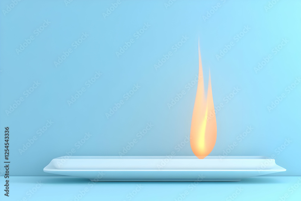 Flame on plate, blue background, minimalist food concept Flame on plate, blue background, minimalist food concept
