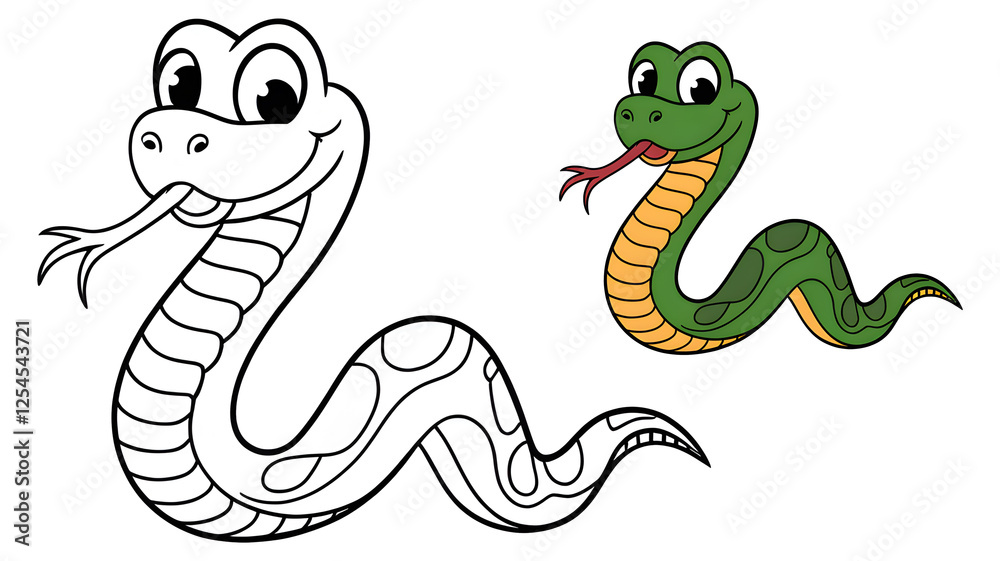 Fototapeta premium Cartoon-style coloring page of a snake with a colored example, perfect for kids' activities, wildlife learning book, isolated on white background