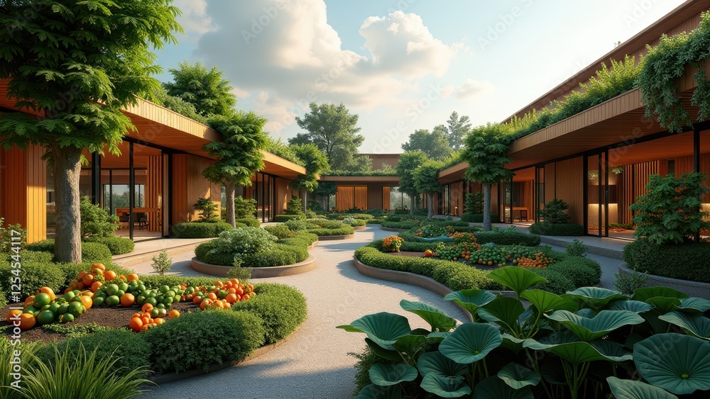 Obraz premium Spacious urban rooftop garden with trees, shrubs, walking path, and city view 