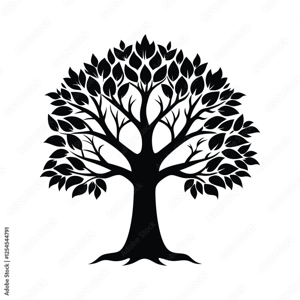 Obraz premium Symmetric tree silhouette with lush leaves and strong roots, black oak tree vector icon on white background, organic nature symbol for eco branding, botanical life illustration for logo design.