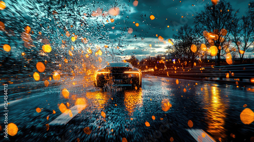 A sleek car speeding through a rain-soaked street, splashing water droplets, with a moody sky