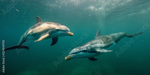 A dolphin and a whale swimming together in the ocean