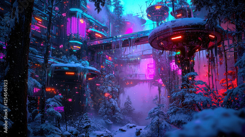 Futuristic snow-covered landscape with glowing structures and vibrant colors in a forest setting