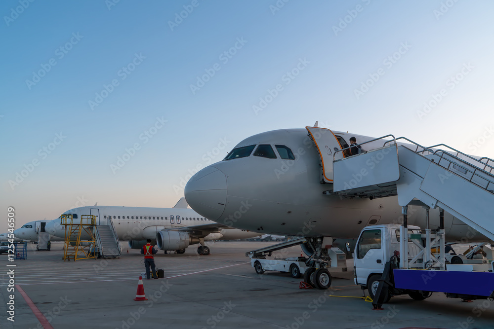 Evening Departure: Airplanes Being Boarded at the Airport Evening Departure: Airplanes Being Boarded at the Airport