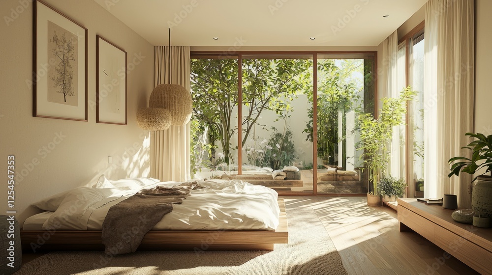 Fototapeta premium Serene Bedroom with Natural Light and Indoor Garden View