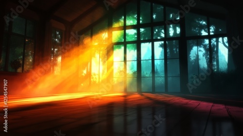 Warm sunlight streams through large windows overlooking a misty forest  illuminating a wooden floor.