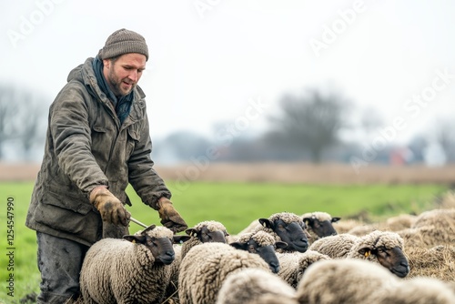 A farmer feeding a group of sheep in a field
