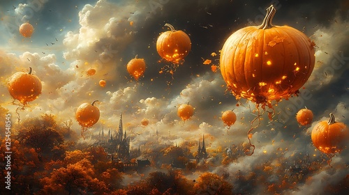 A surreal landscape where pumpkins float like balloons tied to golden vines photo