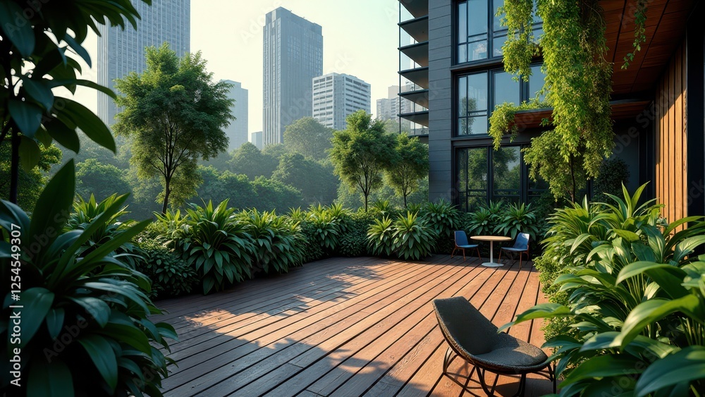 Fototapeta premium Modern rooftop garden with green lawn, seating area, and city view 