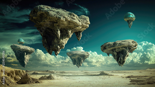 Floating rock formations hover above a surreal desert landscape under a dramatic sky