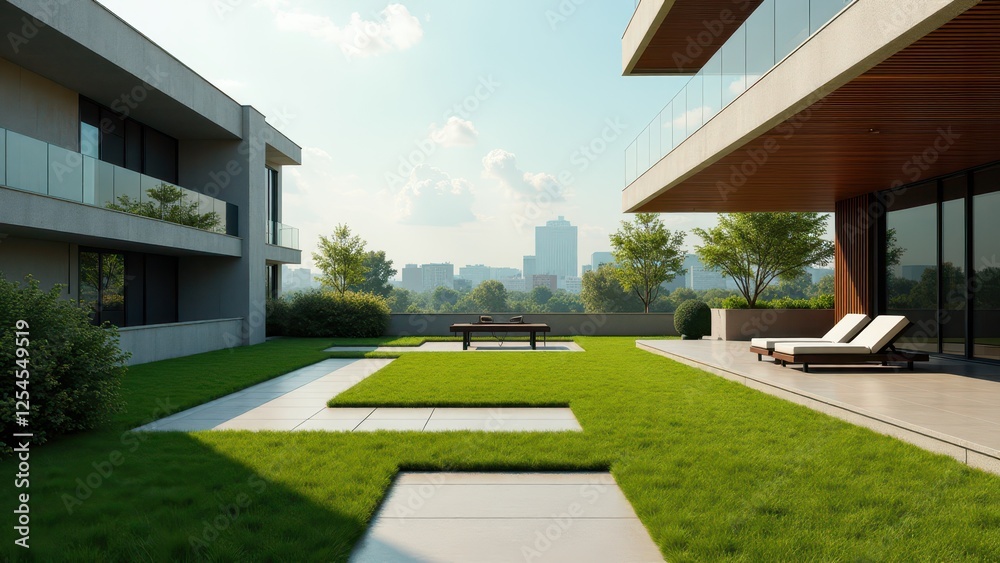 Modern rooftop garden with green lawn, seating area, and city view Modern rooftop garden with green lawn, seating area, and city view