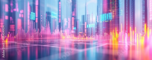 A futuristic cityscape with vibrant data visualizations and colorful bar graphs representing analytics and digital growth.