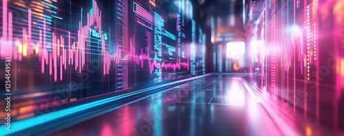 A futuristic corridor with glowing neon lights and digital patterns  creating a vibrant and immersive atmosphere.
