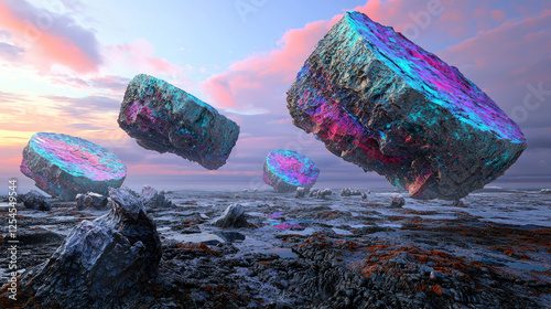 Surreal floating geometric structures above a rocky landscape during a vibrant sunset