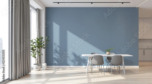 Modern dining area featuring a blue accent wall, dining table, chairs, and plant. Great for interior design showcases, paint color examples (excluding specific brands), or home renovation visuals.

