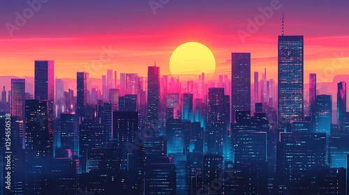 Wallpaper Mural Synthwave Cityscape at Sunset: A Vibrant Digital Artwork Torontodigital.ca