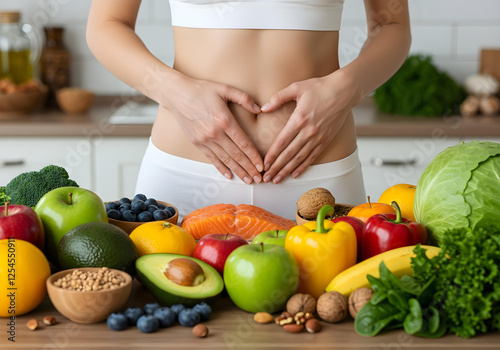 gut health and healthy eating concept with fresh organic foods and mindful posture