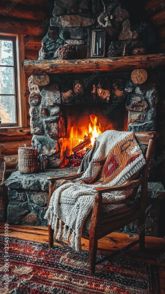 Fototapeta premium Cozy Fireplace Scene in Rustic Cabin with Warm Glow and Textiles