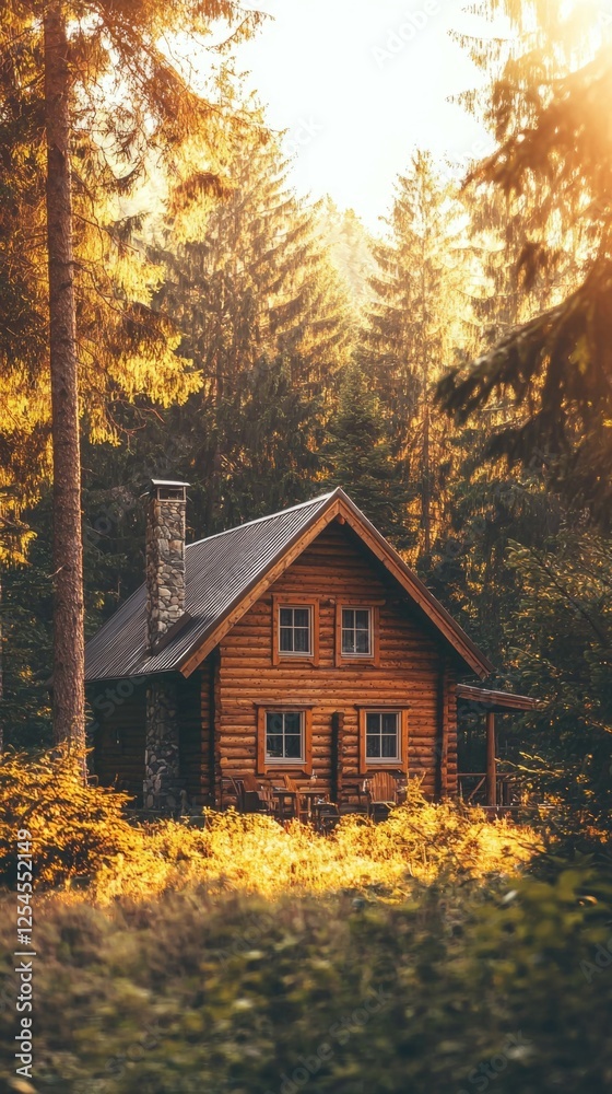 Cozy log cabin nestled in serene forest during golden hour sunlight Cozy log cabin nestled in serene forest during golden hour sunlight