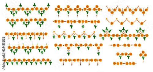  Orange floral indian garland of flowers marigold. Traditional holiday decoration for national events India.  Frame and border for greeting card. Set Flat vector cartoon illustration.