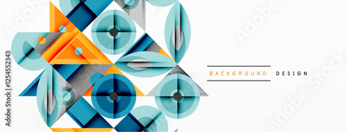 Geometric abstract composition with intersecting shapes, circles, triangles, and gradients, blending vibrant colors and dynamic contrasts to create a modern, futuristic visual design