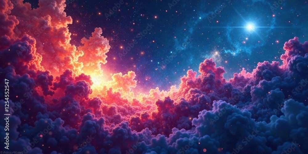 Fototapeta premium A breathtaking celestial landscape of vibrant clouds illuminated by radiant stars and a luminous sun, a dreamy vision of cosmic wonder