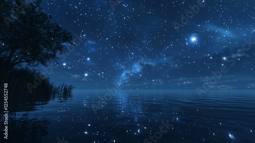 Tranquil Night Sky Over Serene Water with Stars and Reflections