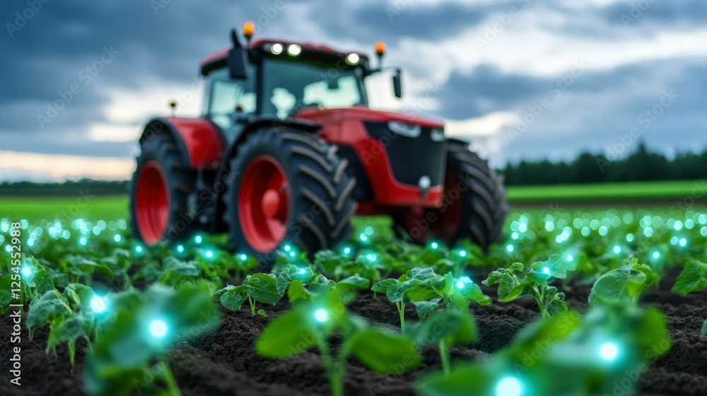 Obraz premium Smart Farming High-Tech Tractor in a Field of Illuminated Seedlings
