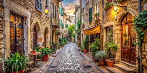 Fototapeta Naklejka Na Ścianę i Meble -  Narrow cobblestone street lined with ancient stone buildings and quaint shops, in the historic old town of Antibes, France, French Riviera, Quaint Shops