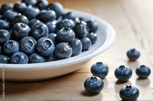 White plate with fresh blueberries on a wooden kitchen table, healthy eating and summer berries