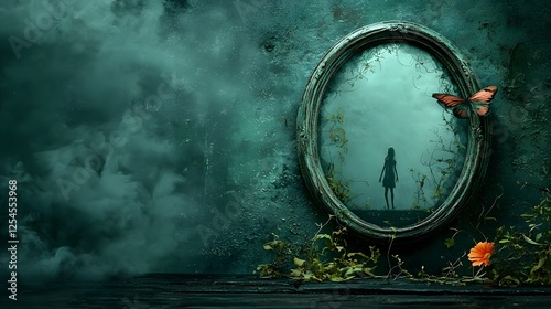 Wallpaper Mural Mysterious enchanted mirror reflecting an alternate surreal reality with a silhouetted figure and ethereal forest landscape Torontodigital.ca