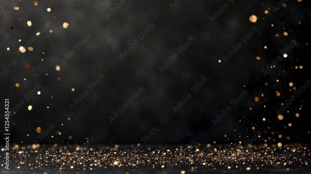 Obraz premium Dark Background with Golden Glittering Particles Falling and Settling on a Surface