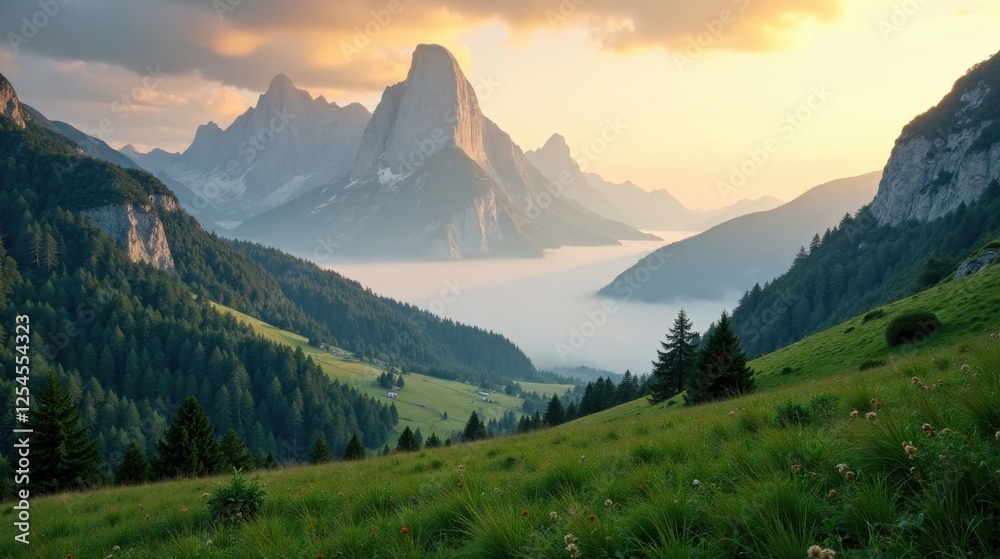 Fototapeta premium Serene Sunrise Over Misty Mountain Valley With Lush Green Meadows and Coniferous Forests