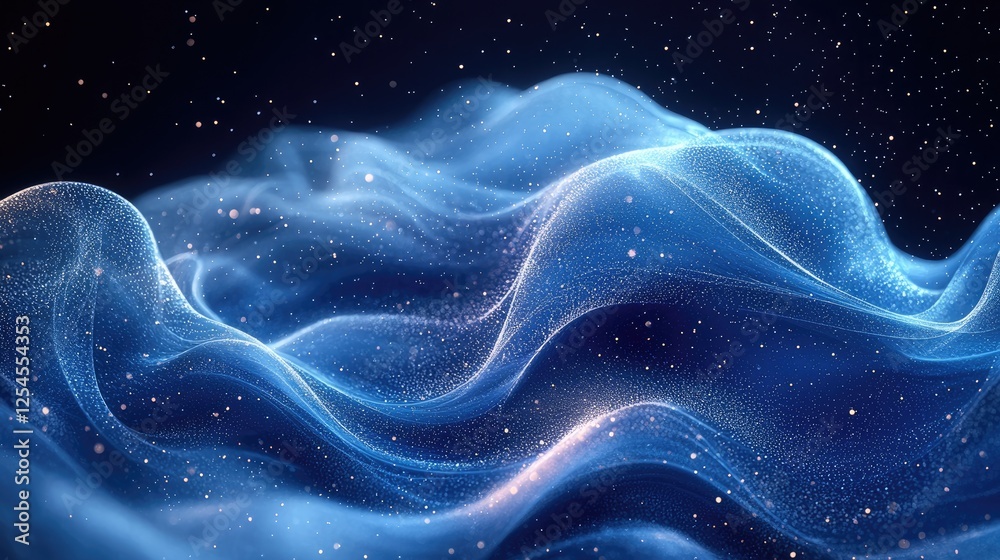 Abstract blue waves with shimmering particles creating a serene digital atmosphere Abstract blue waves with shimmering particles creating a serene digital atmosphere