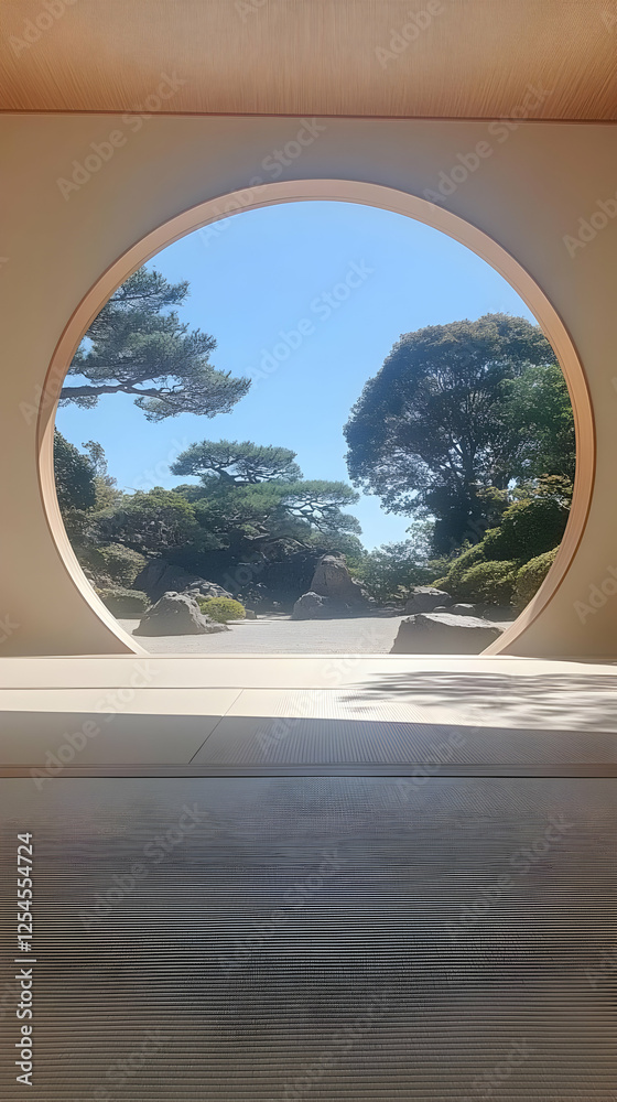 Fototapeta premium Serene Garden View Through Circular Window Illustration