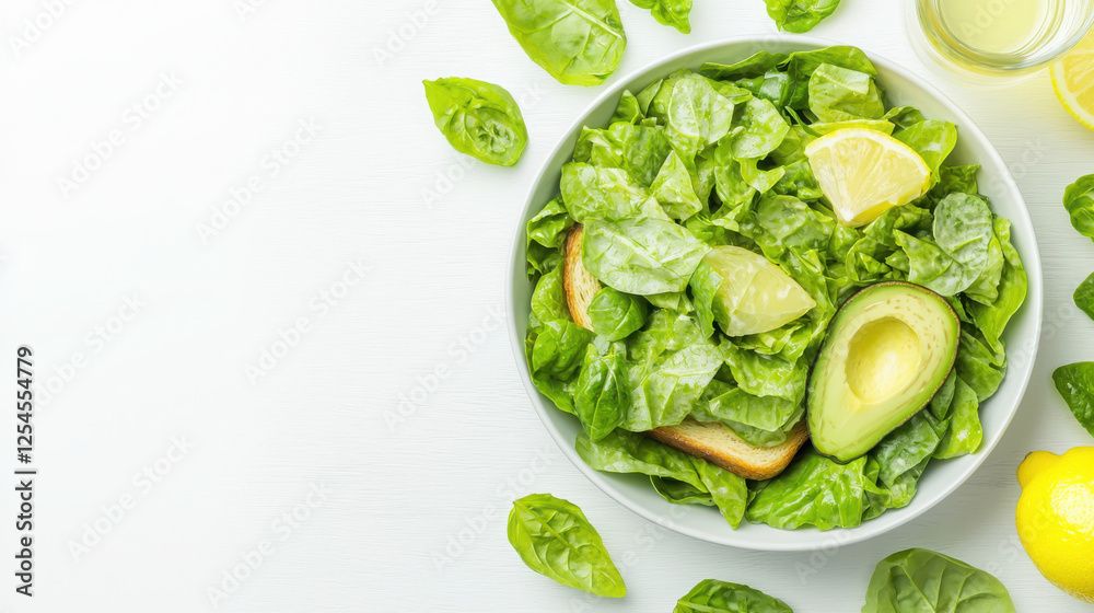 Obraz premium Fresh salad with avocado and lemon on a light background.