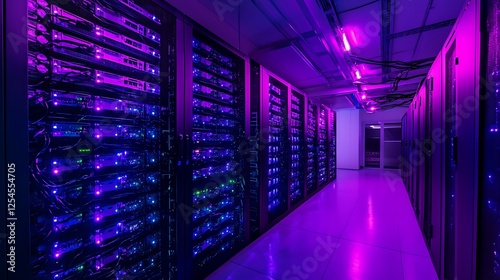 Illuminated Server Room:  A Data Center's Vibrant Core