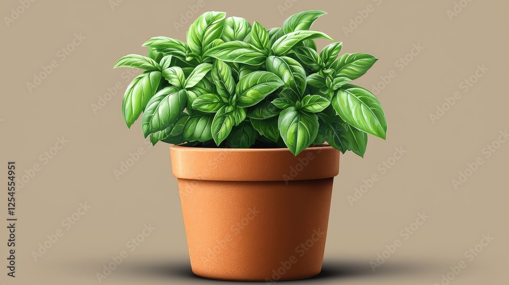 Fototapeta premium Lush basil plant in a terracotta pot with a neutral background, ideal for culinary themes