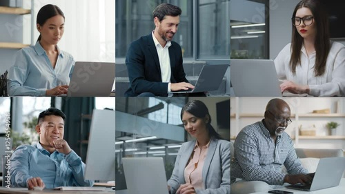 A diverse team engages in focused tasks using laptops in a bright, contemporary office setting. Various individuals contribute to collaborative efforts in a professional environment.